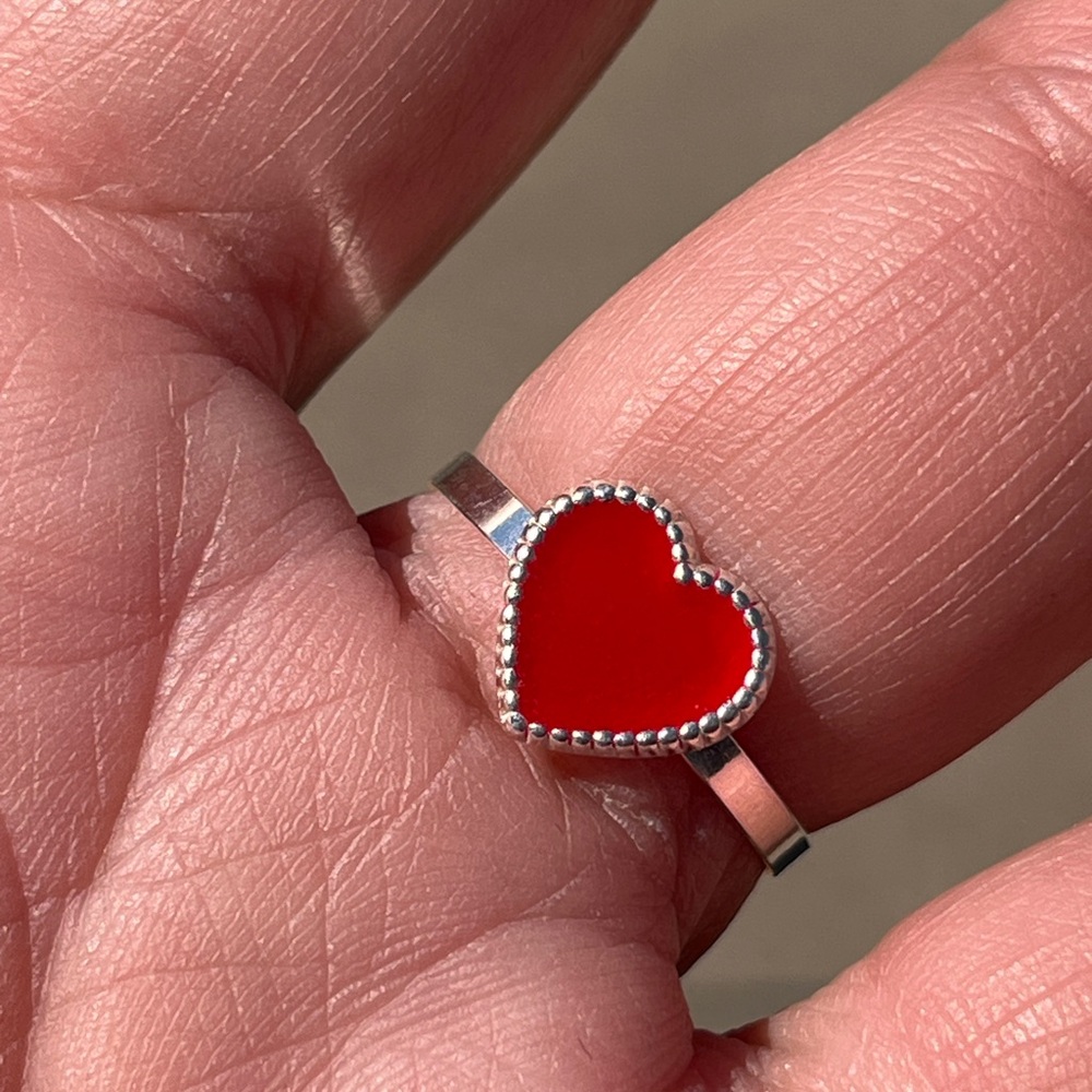 Taxco 925 Sterling Silver Red Heart Ring size 8. Mexican silver jewelry.